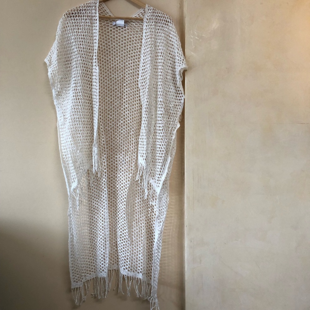 Mesh Fishnet Knit Fringe Coverup Tunic Poncho Wrap Top Cream Italian Beach OS